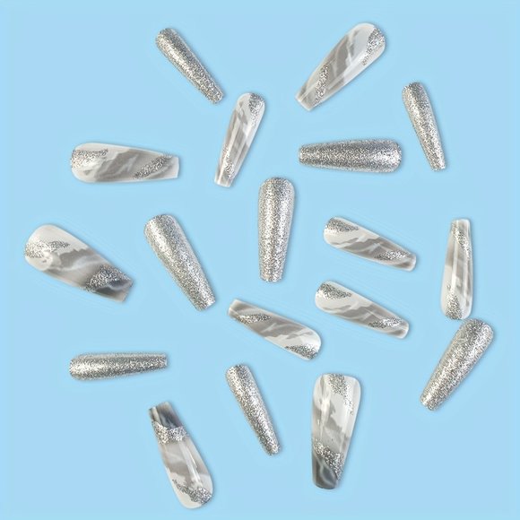24 Pcs Long Ballerina Marble White And Gray Press On Reusable Nails - Picture 7 of 9